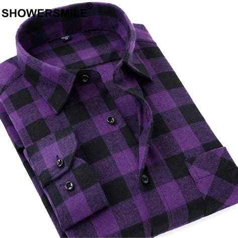 buy showersmile purple shirt men long sleeve plaid flannel shirt male slim fit