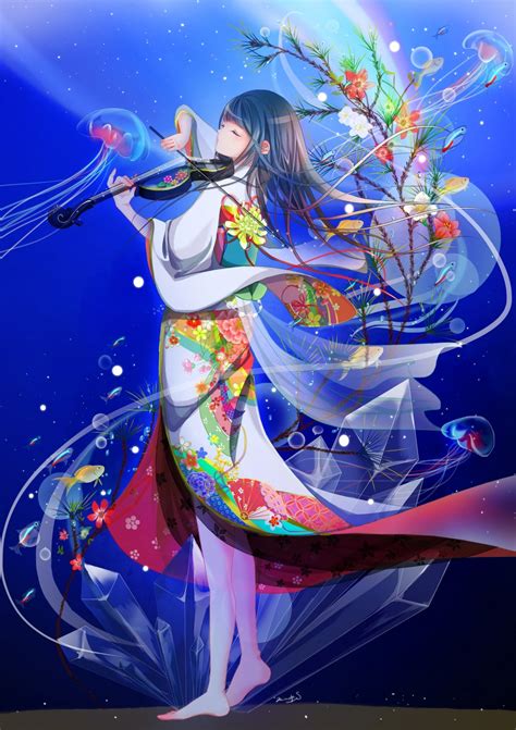 Wallpaper Anime Girl Violin Japanese Outfit Kimono Wallpapermaiden