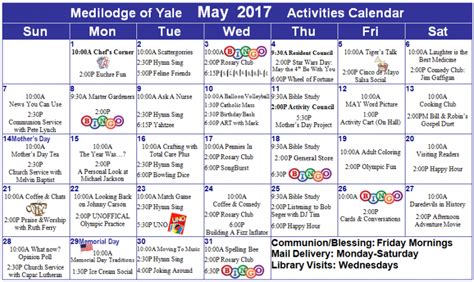 May Calendar Medilodge Of Yale