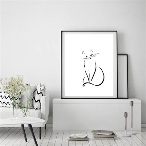 Minimalist Cat Line Drawing Fine Art Print Black And White Etsy