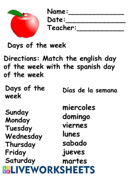 Days Of The Week English Spanish Interactive And Downloadable Worksheet