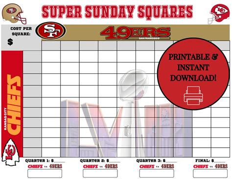 Printable Super Bowl Squares Classic 100 Numbers Squares Game Instant