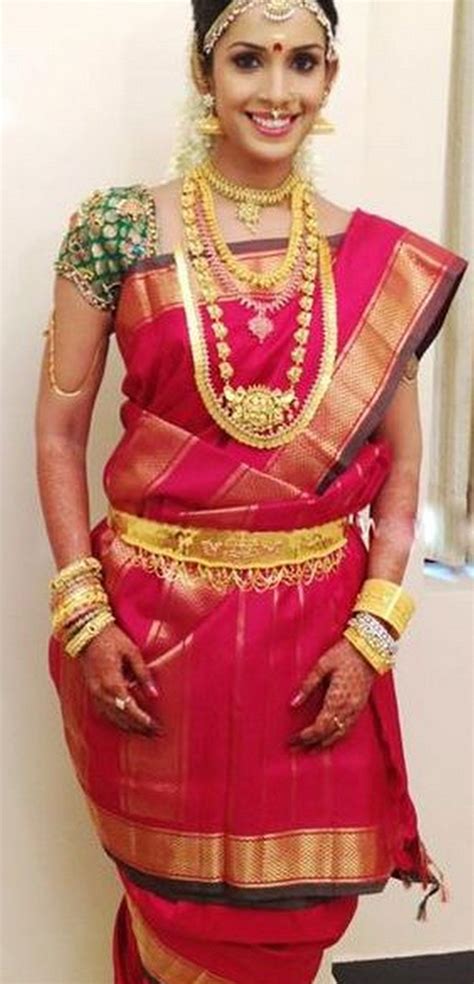 South Indian Bride Temple Jewelry Jhumkis Red Silk Kanchipuram Sari