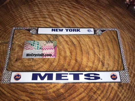 Mets License Crystal New York Sport On Silver Frame Sparkle Auto Bling