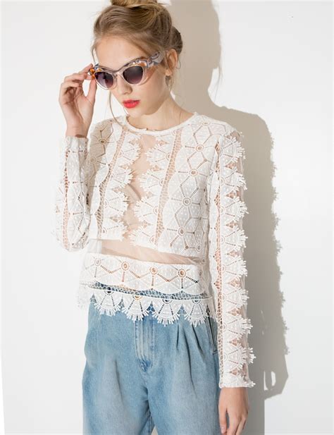 White Lace Crop Top Crochet Long Sleeve Top