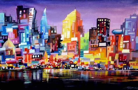 Night Abstract Cityscape Acrylic On Canvas Painting Acrylic Painting By