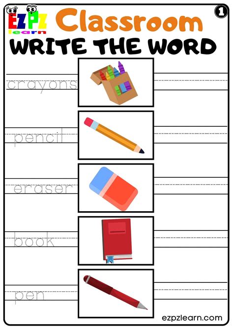 Classroom Objects Write The Word Worksheet Set 1 For Kids
