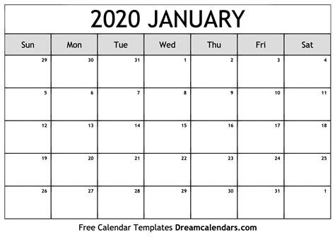Download Printable January 2020 Calendars