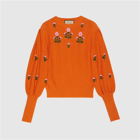 Shop The Floral Wool And Cotton Knit In Orange At Gucci Enjoy Free Shipping And
