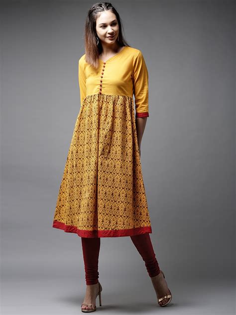 Buy Hereandnow Women Mustard Yellow And Brown Printed A Line Kurta Kurtas