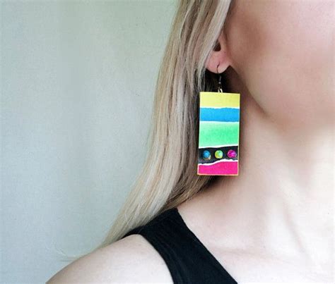 Multicolor Painted Paper Art Earrings Watercolor Earrings Beaded