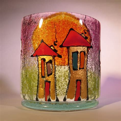 Handmade Fused Glass Tea Light Holder Depicting Hand Drawn Houses Glass Tealight Candle