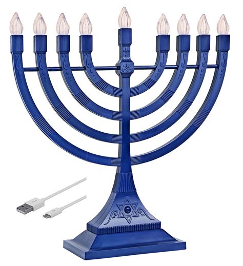 Zion Judaica Blue Electronic Hanukkah Menorah Powered By Batteries Or