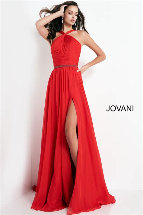 Jovani 3836 Red Pleated Bodice High Slit Prom Dress