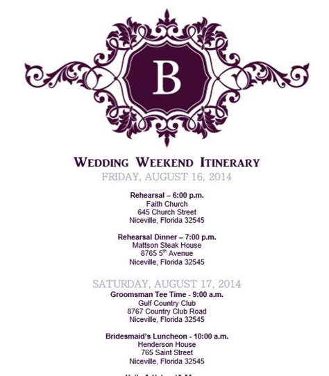 wedding itinerary wedding itinerary template bridetodo