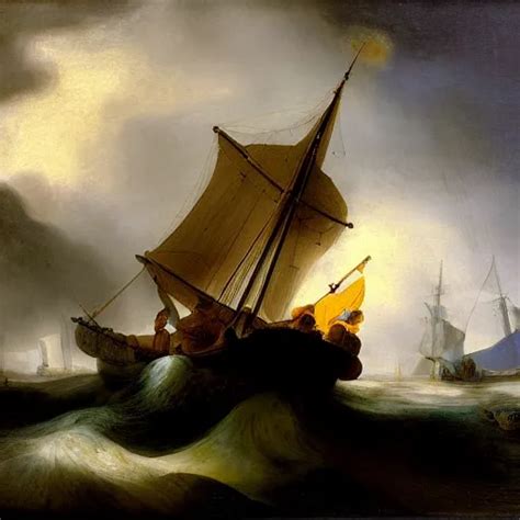 Rembrandt Stormy Sea Boat Painting Stable Diffusion Openart