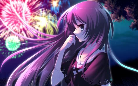 Beautiful Purple Hair Anime Girl Fireworks Wallpaper 1920x1200