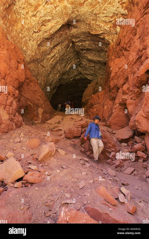 Hikers Look At The Steel Bat Gate At Stantons Cave In Grand Canyon