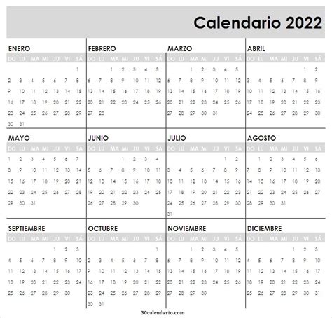 Imprimible Calendario 2022 Anual Plantilla Calendario En Blanco 2022