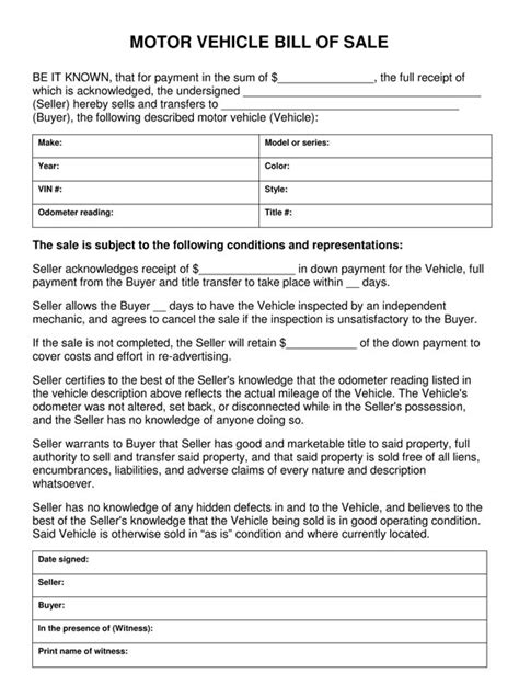 Generic Auto Bill Of Sale Form 29 Printable Motorcycle Bill Of Sale