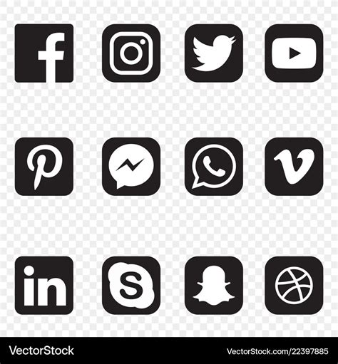 Black And White Social Media Icons On Transparent Vector Image