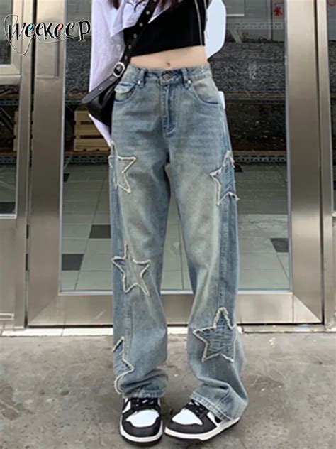 Weekeep Y2k Star Patchwork Jeans Women Streetwear Low Rise Straight Leg