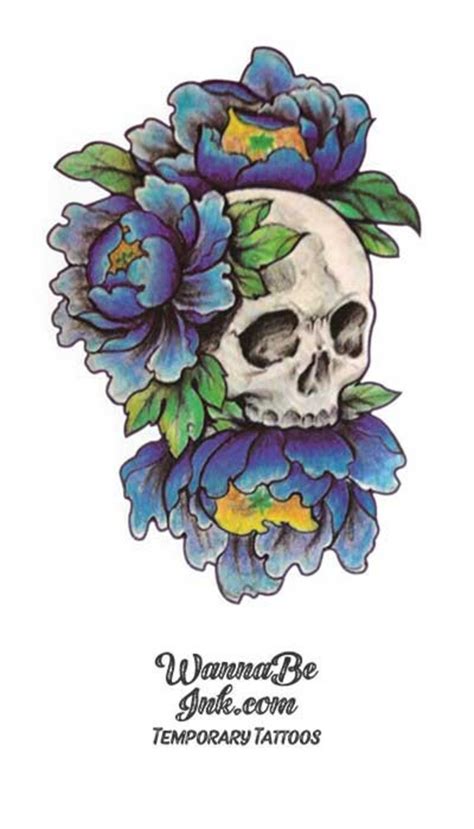 Skull In Blue Flowers Best Temporary Tattoos Etsy