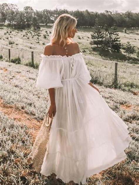 Bohemian Solid Off Shoulder White Maxi Dress Boho Dresses Long White Flowy Dress White Boho