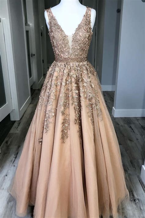 Champagne V Neck Lace Tulle Long Prom Dresses Champagne Lace Formal D