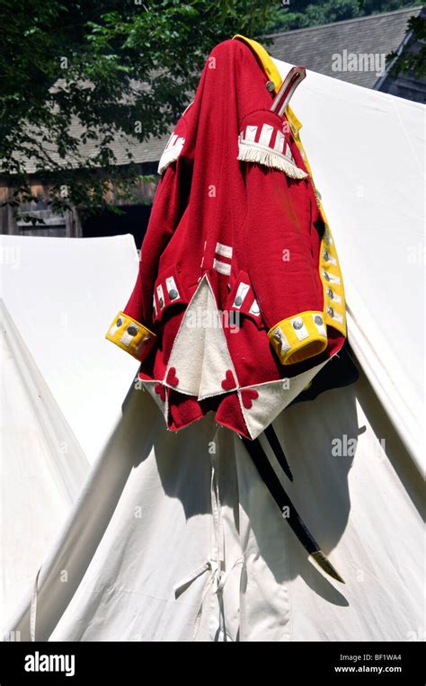 British Redcoats Uniform Hanging On Tent In Military Camp Costumed