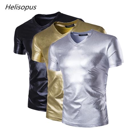 Helisopus Punk Style Mens Metallic Shiny T Shirt Top Club Wear V Neck