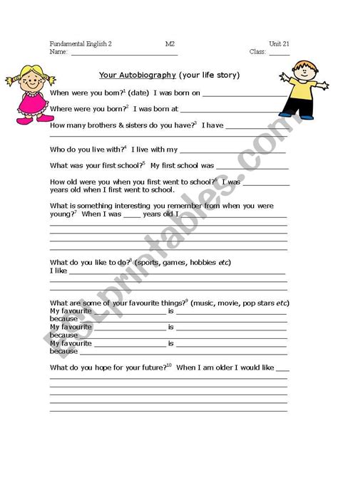 English Worksheets Writing An Autobiography