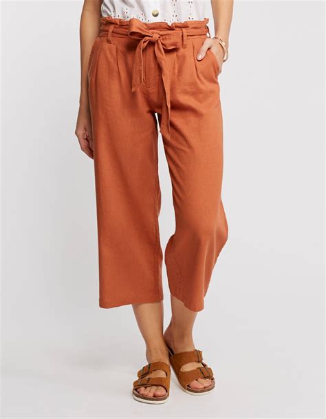 Womens Linen Blend Cropped Wide Leg Trousers Trousers Women Outfit