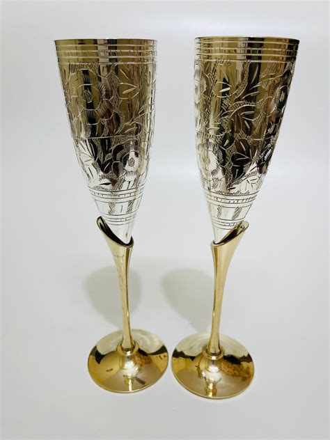 Set Of 2 Wine Goblets Brass Glass With Silver Plated Wine Etsy