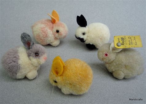 Steiff Woolen Rabbit X 5 Mixed Color Lot Bunny 4 Cm One Id 1960s Pom