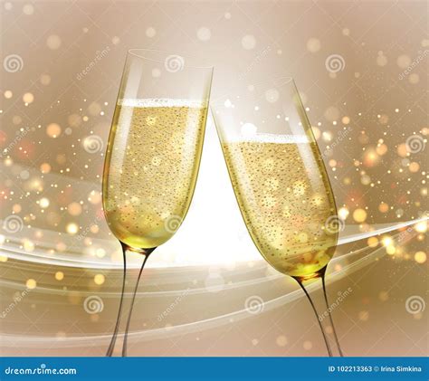 Glasses Of Champagne On Bright Background With Bokeh Effect Vector
