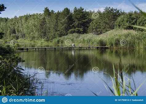 Wooden Bridge Over The River In The Forest Where A Fisherman Sits Amid