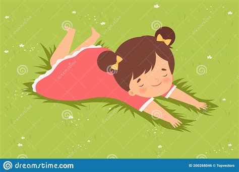 Lovely Girl Lying Down On Green Lawn On Her Stomach Cute Kid Having