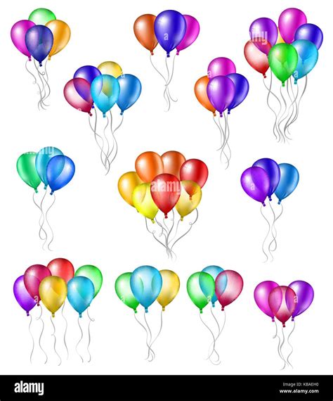 Set Of Bunches Of Colorful Helium Balloons With Strings Isolated On