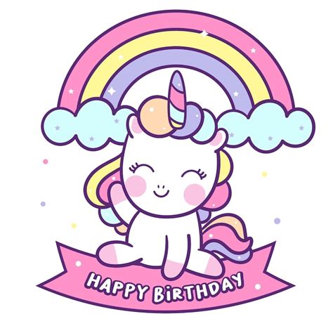 Premium Vector Cute Unicorn Vector Sit On Happy Birthday Label