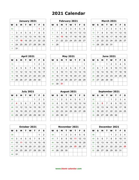 2021 One Page Calendar Printable Pdf