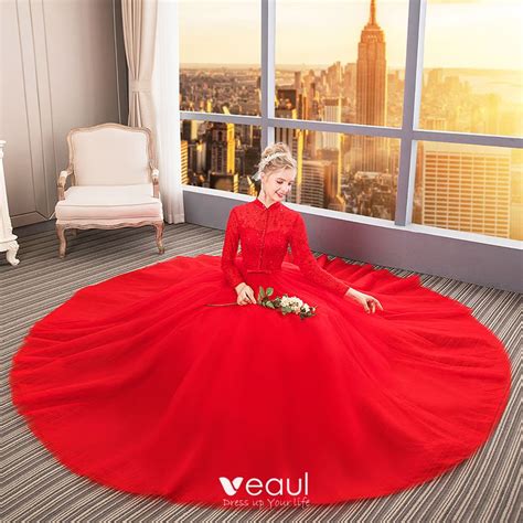 Chinese Style Muslim Red Wedding Dresses 2019 Ball Gown High Neck Buttons Bow Lace Flower