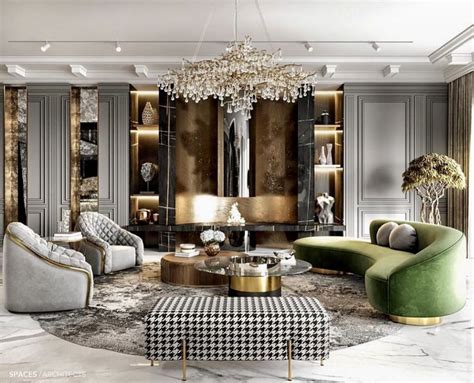 Stunning Luxury Glamour Living Room Decor With Green Velvet Curved Sofa
