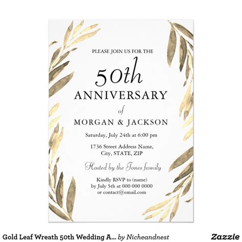 Gold Leaf Wreath 50th Wedding Anniversary Invite Zazzle 50th