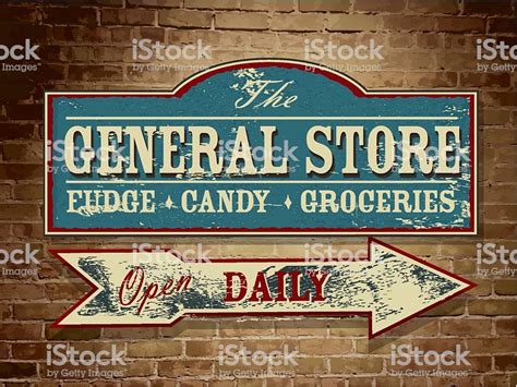 Vintage Wooden General Store Signage On Yellow Brick Wall Royalty Free