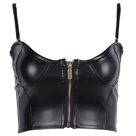 Simple Pu Leather Zipper Camis Top Women Slim Cropped Top Fashion Sleeveless Party Sexy Vest