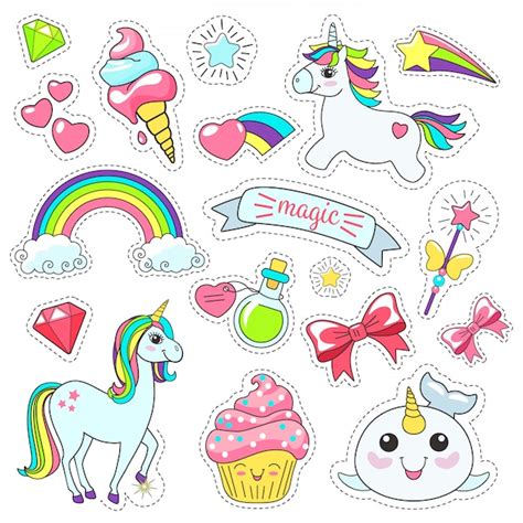 Magic Cute Unicorn Stickers Set Premium Vector