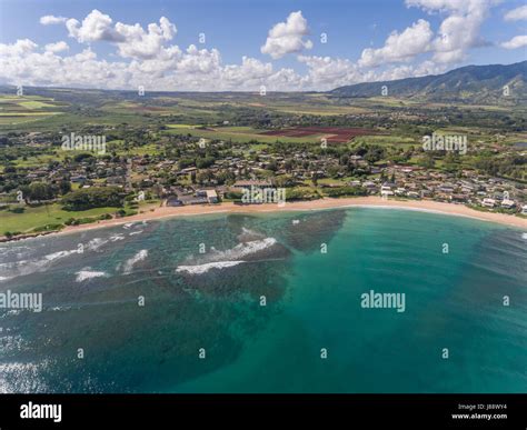 Aerial View Above Haleiwa On The North Shore Of Oahu Hawaii Stock Photo