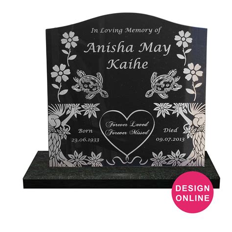 Serpentine Shape Laser Etched Granite Headstone With Flower Turtle And
