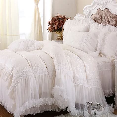 Luxury White Lace Falbala Ruffle Cake Bedding Set Queen King Size